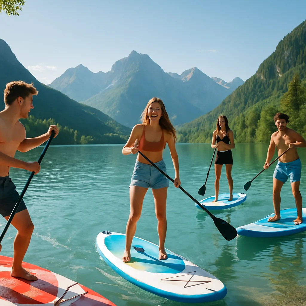 Stand-up paddle sur le lac d'Annecy, sport nautique outdoor en montagne