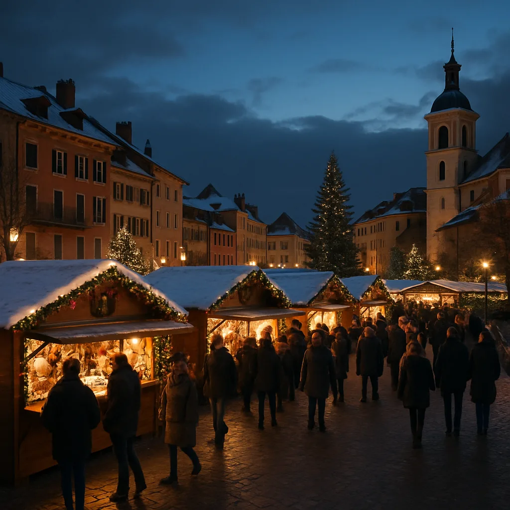 Marché de Noël d'Annecy en soirée avec chalets illuminés et neige