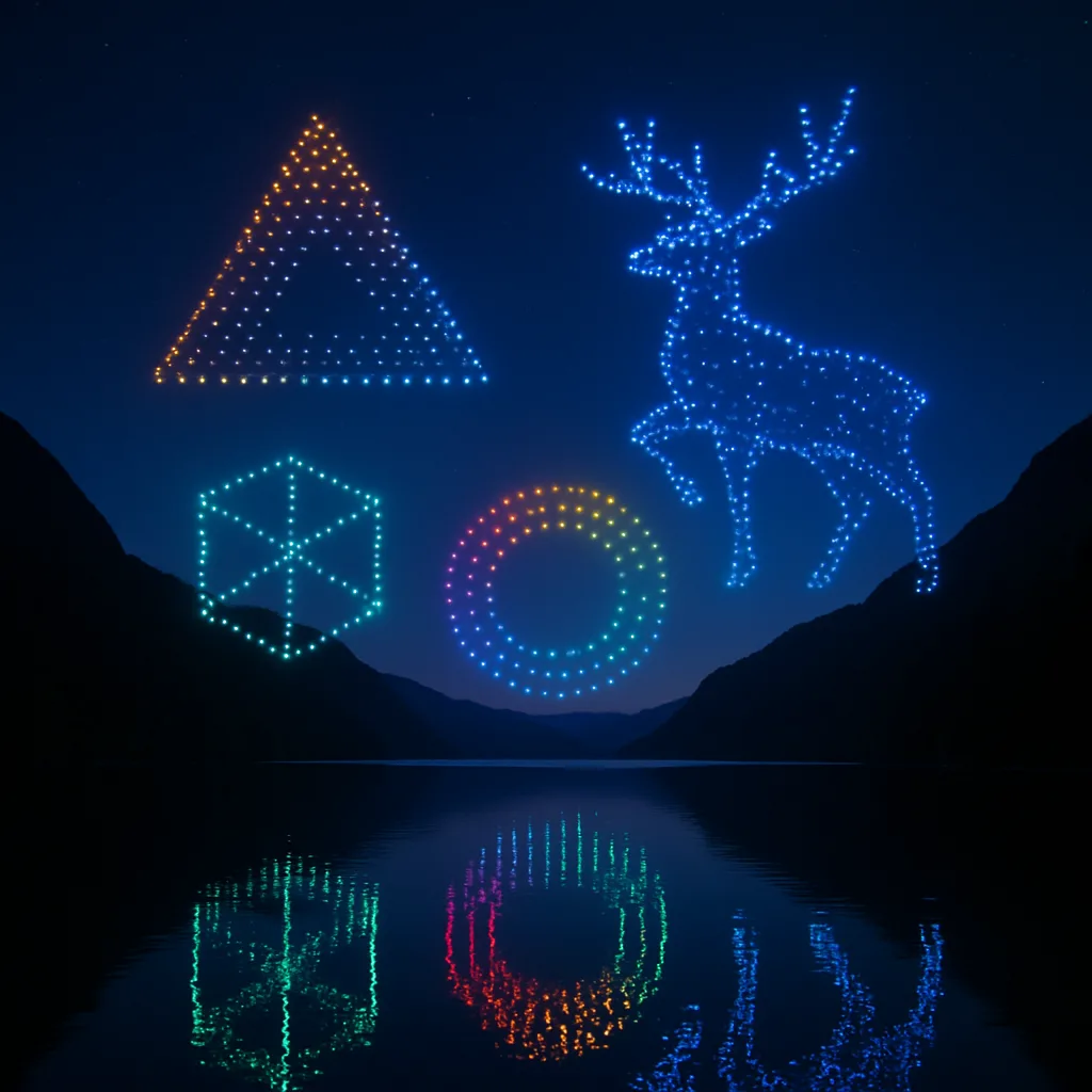 Spectacle de drones lumineux au-dessus du lac d'Annecy lors de la fête du lac