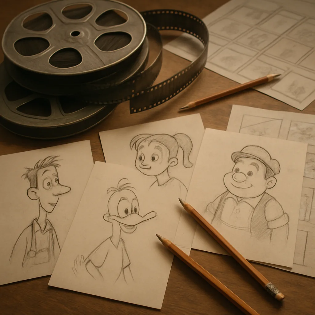 Esquisses et bobines de films d'animation évoquant l'histoire du cinéma d'animation