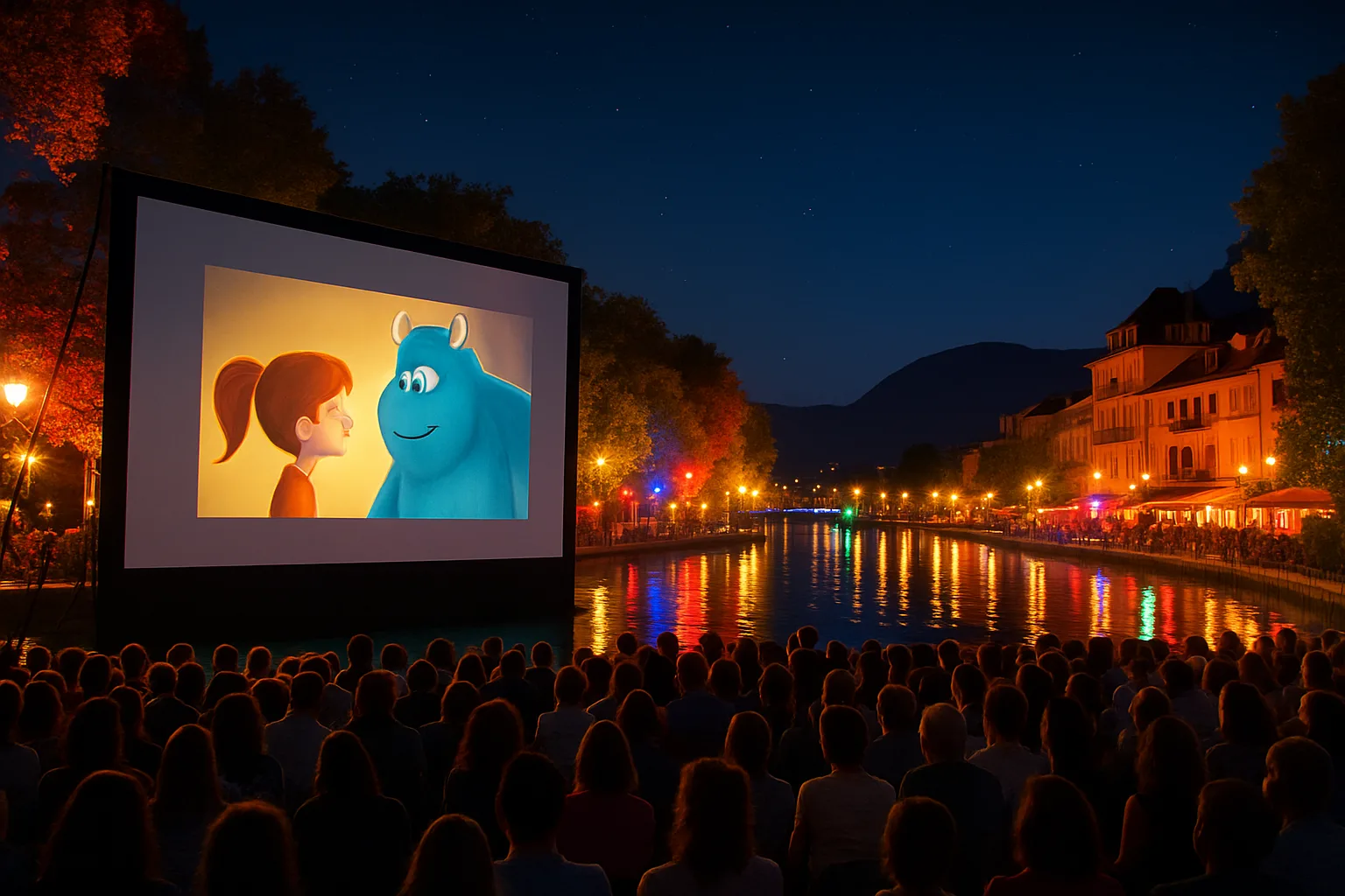 Projection en plein air lors du festival du film d'animation d'Annecy au bord du lac