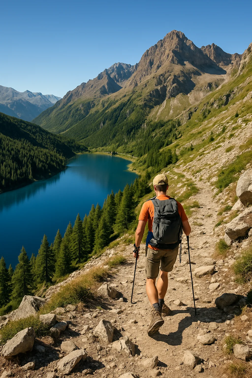 Randonnée sur les hauteurs au-dessus du lac d'Annecy, sentier de montagne dans les Alpes