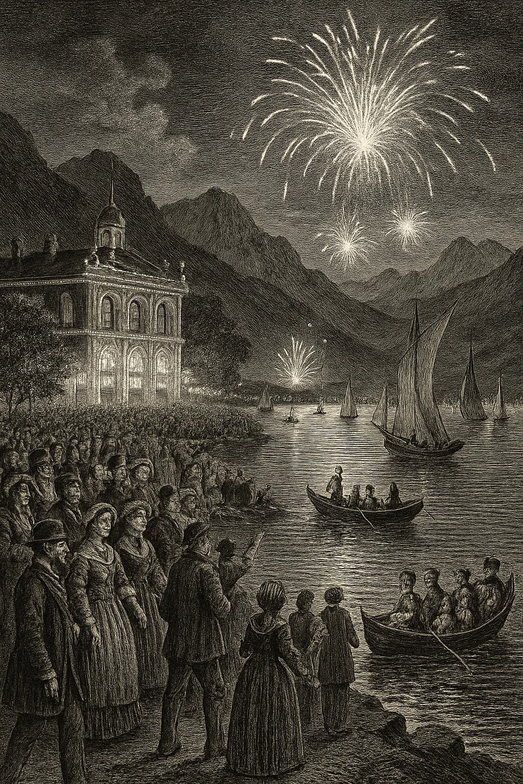 Illustration évoquant les origines historiques de la fête du lac d'Annecy au XIXe siècle sous Napoléon III