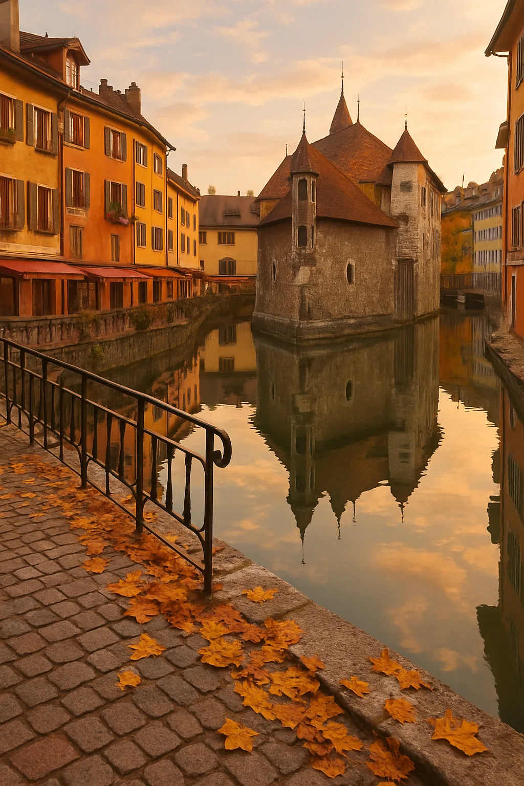 Canal de la vieille ville d'Annecy en automne avec reflets colorés