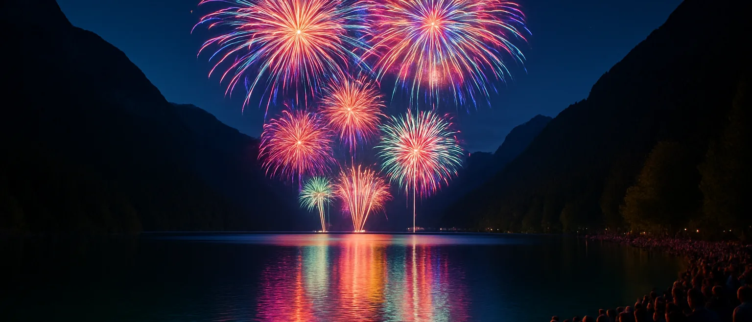 Spectacle pyrotechnique de la fête du lac d'Annecy avec feux d'artifice colorés reflétés sur le lac
