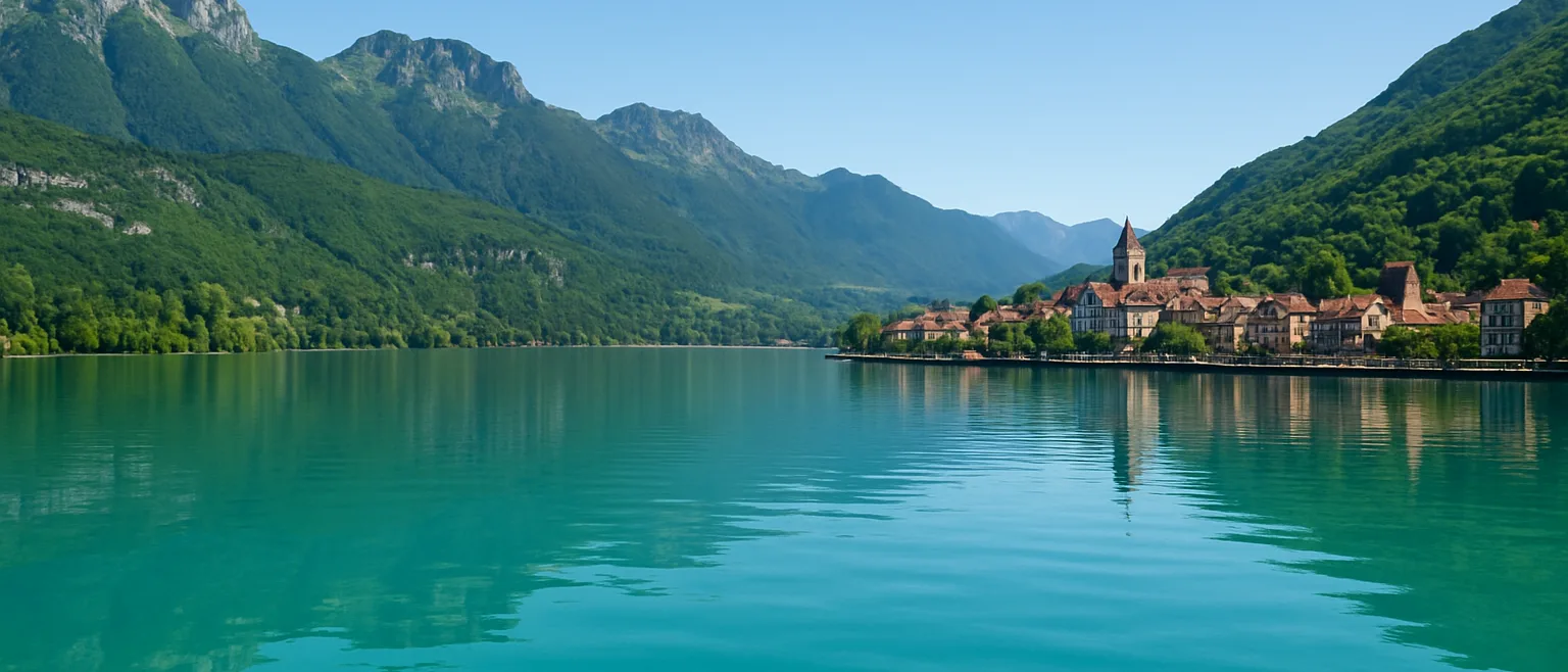 Vue panoramique du lac d'Annecy avec les Alpes en arrière-plan en été