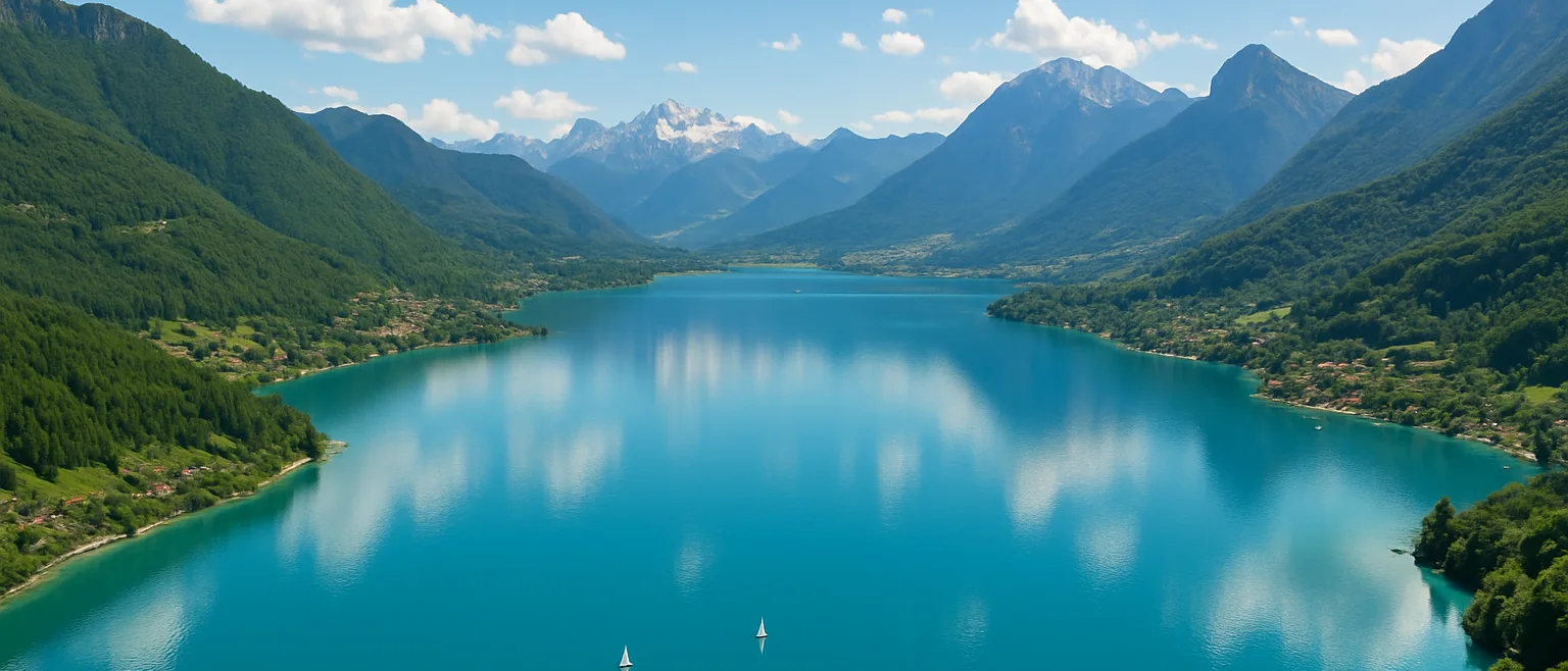 Vue panoramique du lac d'Annecy entouré des montagnes des Alpes en été, activités sportives outdoor